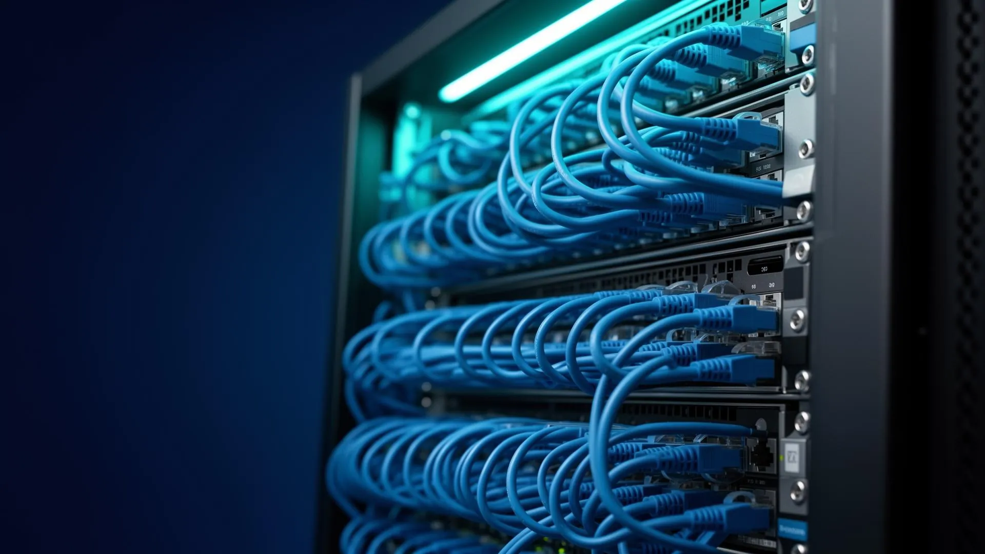 Organized server rack with structured network cabling
